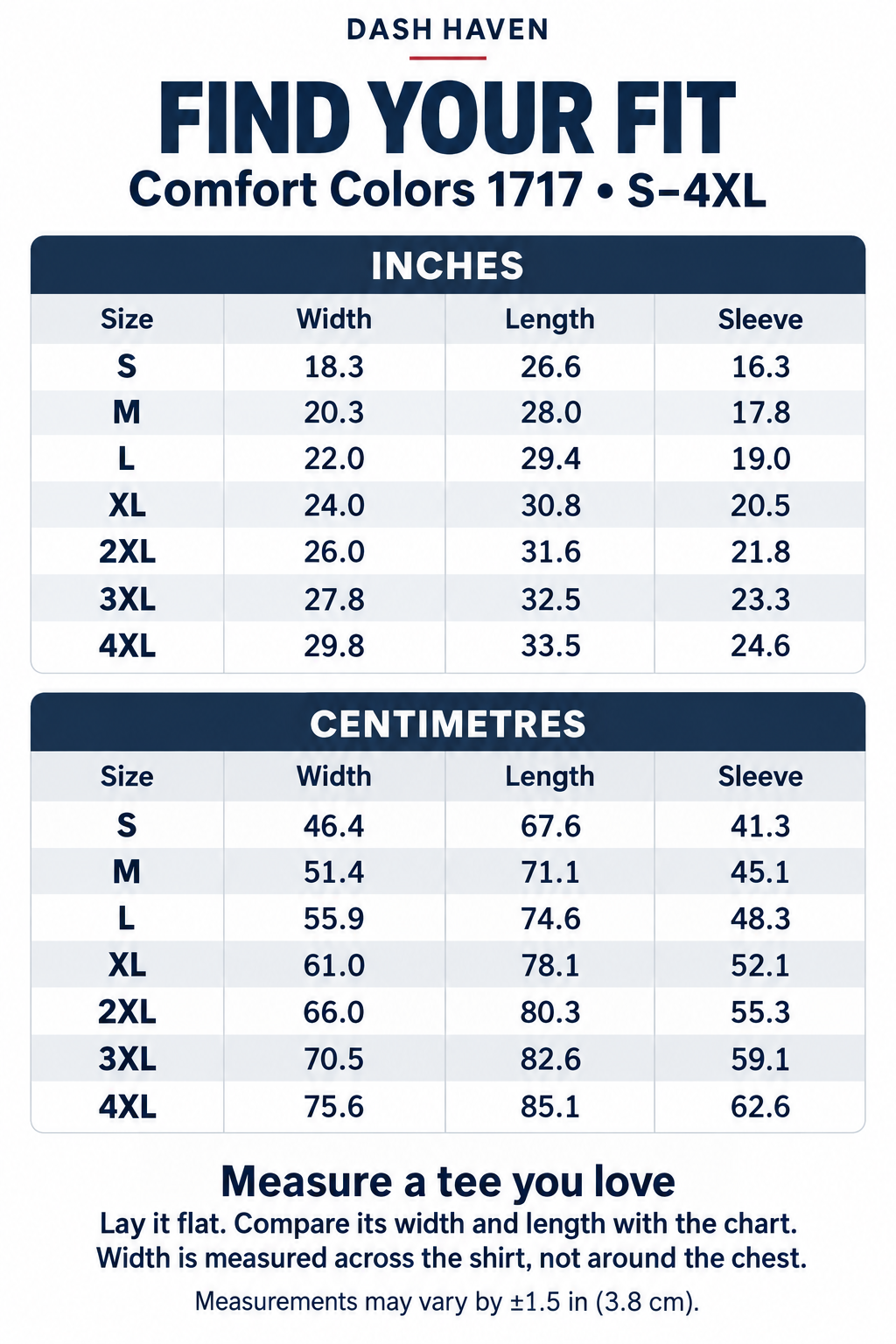 Dash Haven Comfort Colors 1717 size chart, S–4XL, in inches and centimetres. The same measurements are available in the text tables below.