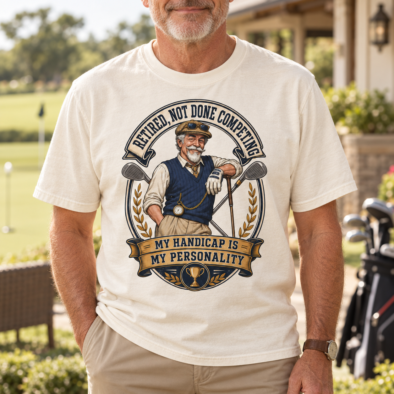 Man wearing the My Handicap Is My Personality tee by a golf green