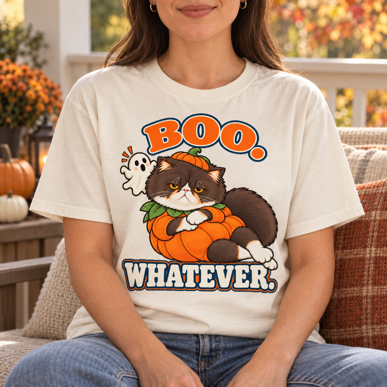 Woman wearing the Boo Whatever cat tee on an autumn porch